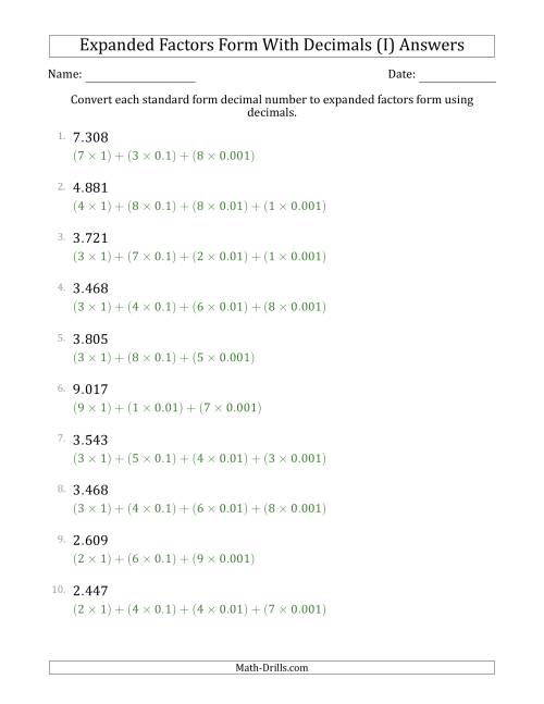 The Converting Standard Form Decimals to Expanded Factors Form Using Decimals (1-Digit Before the Decimal; 3-Digits After the Decimal) (I) Math Worksheet Page 2