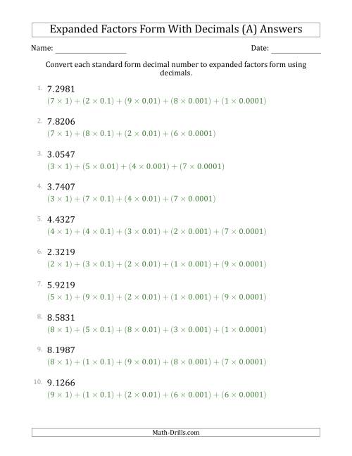 The Converting Standard Form Decimals to Expanded Factors Form Using Decimals (1-Digit Before the Decimal; 4-Digits After the Decimal) (A) Math Worksheet Page 2