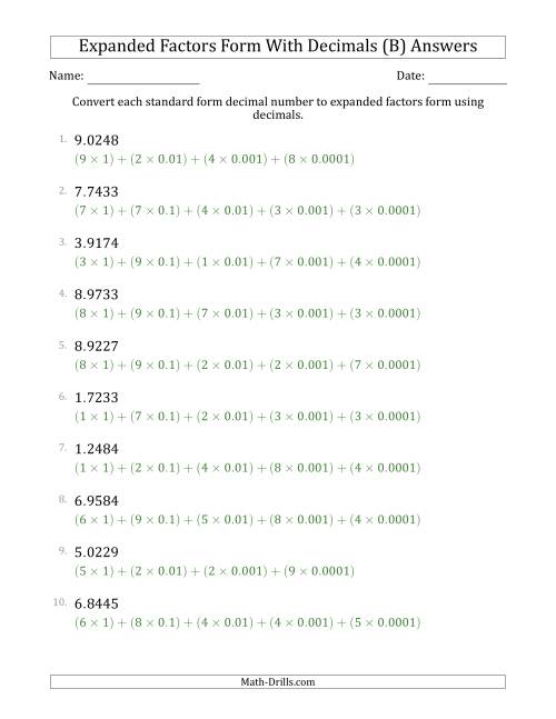 The Converting Standard Form Decimals to Expanded Factors Form Using Decimals (1-Digit Before the Decimal; 4-Digits After the Decimal) (B) Math Worksheet Page 2