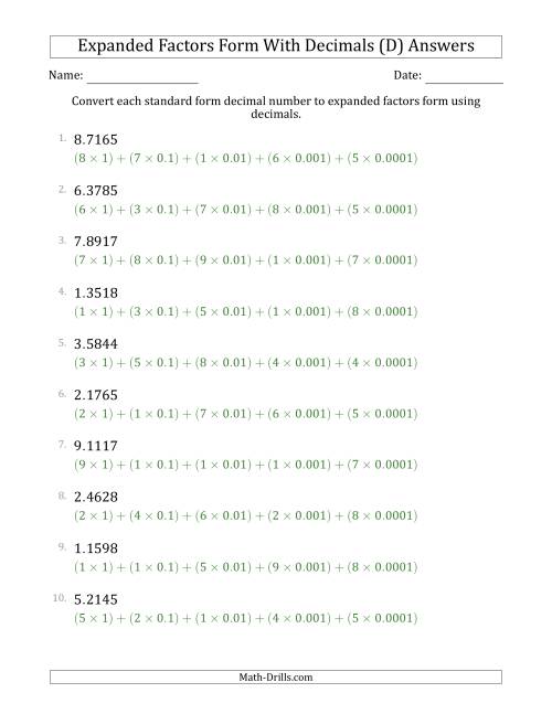 The Converting Standard Form Decimals to Expanded Factors Form Using Decimals (1-Digit Before the Decimal; 4-Digits After the Decimal) (D) Math Worksheet Page 2