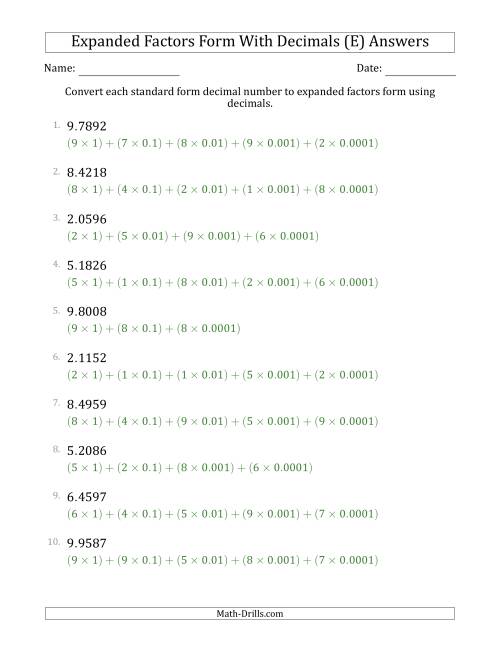 The Converting Standard Form Decimals to Expanded Factors Form Using Decimals (1-Digit Before the Decimal; 4-Digits After the Decimal) (E) Math Worksheet Page 2