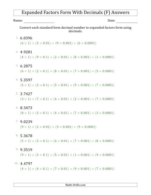 The Converting Standard Form Decimals to Expanded Factors Form Using Decimals (1-Digit Before the Decimal; 4-Digits After the Decimal) (F) Math Worksheet Page 2