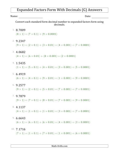 The Converting Standard Form Decimals to Expanded Factors Form Using Decimals (1-Digit Before the Decimal; 4-Digits After the Decimal) (G) Math Worksheet Page 2