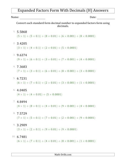 The Converting Standard Form Decimals to Expanded Factors Form Using Decimals (1-Digit Before the Decimal; 4-Digits After the Decimal) (H) Math Worksheet Page 2