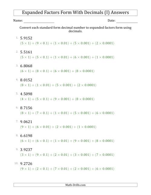 The Converting Standard Form Decimals to Expanded Factors Form Using Decimals (1-Digit Before the Decimal; 4-Digits After the Decimal) (I) Math Worksheet Page 2