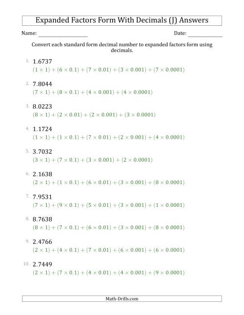 The Converting Standard Form Decimals to Expanded Factors Form Using Decimals (1-Digit Before the Decimal; 4-Digits After the Decimal) (J) Math Worksheet Page 2