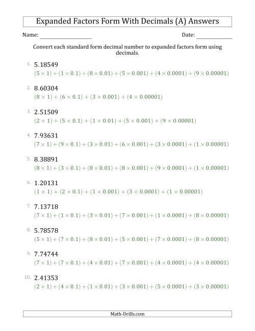The Converting Standard Form Decimals to Expanded Factors Form Using Decimals (1-Digit Before the Decimal; 5-Digits After the Decimal) (A) Math Worksheet Page 2