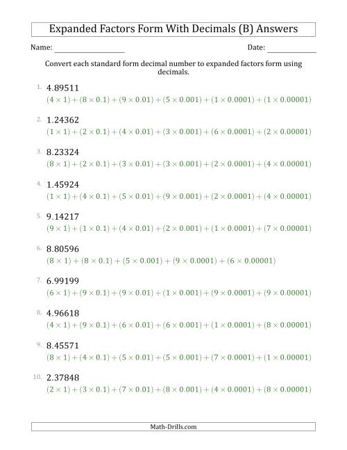 The Converting Standard Form Decimals to Expanded Factors Form Using Decimals (1-Digit Before the Decimal; 5-Digits After the Decimal) (B) Math Worksheet Page 2