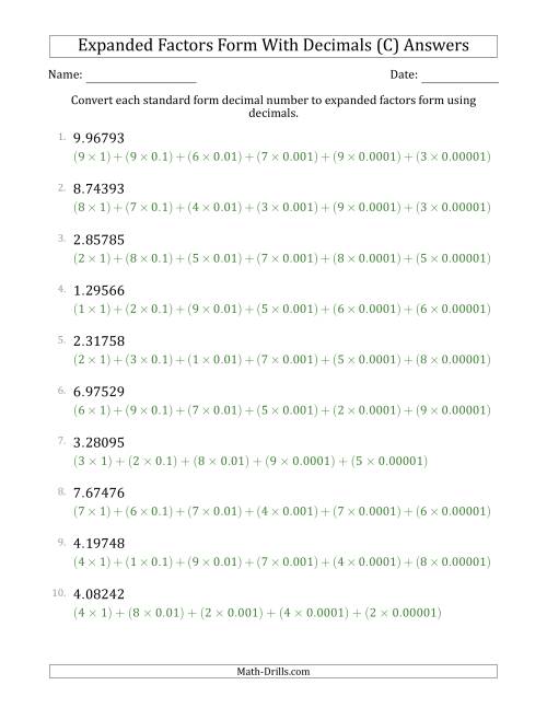 The Converting Standard Form Decimals to Expanded Factors Form Using Decimals (1-Digit Before the Decimal; 5-Digits After the Decimal) (C) Math Worksheet Page 2
