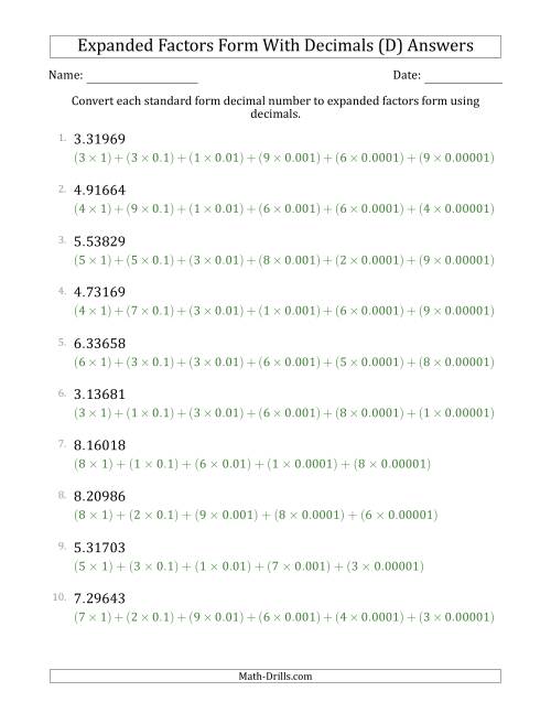 The Converting Standard Form Decimals to Expanded Factors Form Using Decimals (1-Digit Before the Decimal; 5-Digits After the Decimal) (D) Math Worksheet Page 2