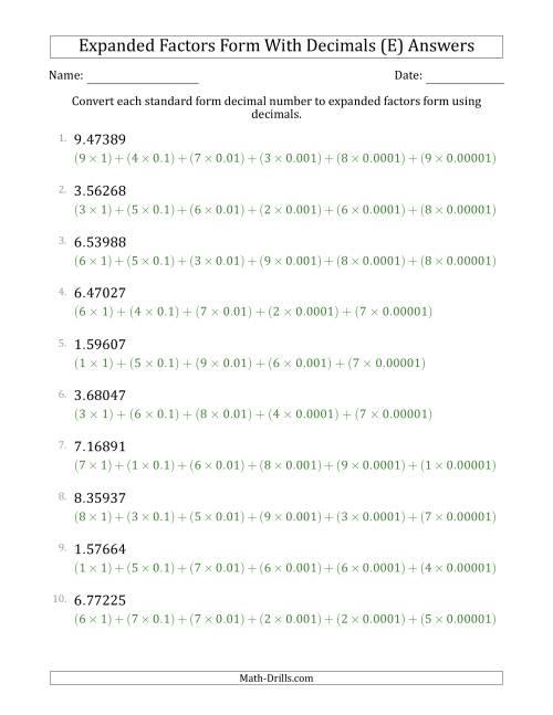 The Converting Standard Form Decimals to Expanded Factors Form Using Decimals (1-Digit Before the Decimal; 5-Digits After the Decimal) (E) Math Worksheet Page 2