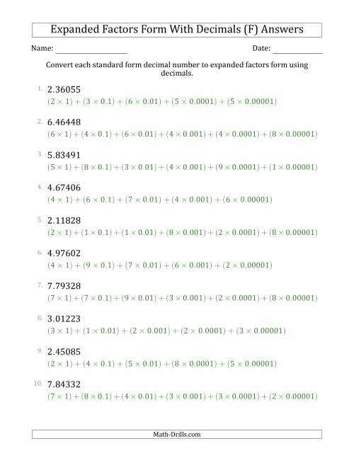 The Converting Standard Form Decimals to Expanded Factors Form Using Decimals (1-Digit Before the Decimal; 5-Digits After the Decimal) (F) Math Worksheet Page 2