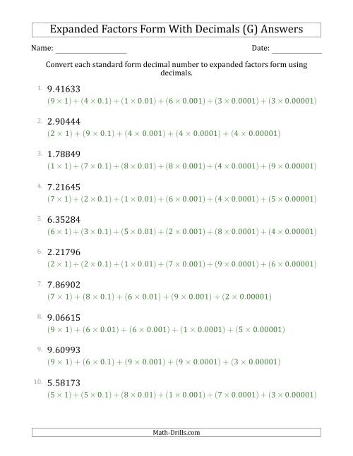 The Converting Standard Form Decimals to Expanded Factors Form Using Decimals (1-Digit Before the Decimal; 5-Digits After the Decimal) (G) Math Worksheet Page 2