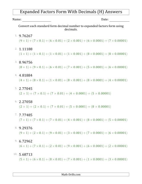 The Converting Standard Form Decimals to Expanded Factors Form Using Decimals (1-Digit Before the Decimal; 5-Digits After the Decimal) (H) Math Worksheet Page 2