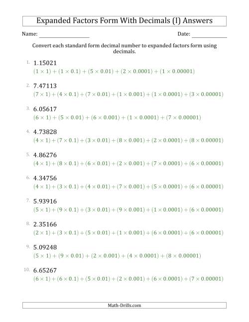The Converting Standard Form Decimals to Expanded Factors Form Using Decimals (1-Digit Before the Decimal; 5-Digits After the Decimal) (I) Math Worksheet Page 2