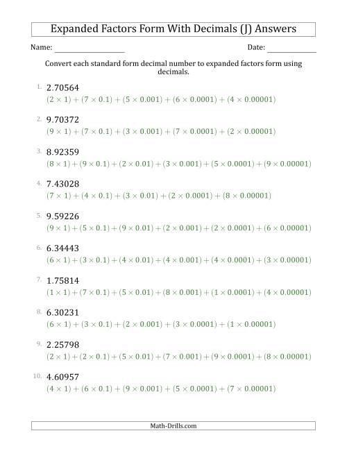 The Converting Standard Form Decimals to Expanded Factors Form Using Decimals (1-Digit Before the Decimal; 5-Digits After the Decimal) (J) Math Worksheet Page 2