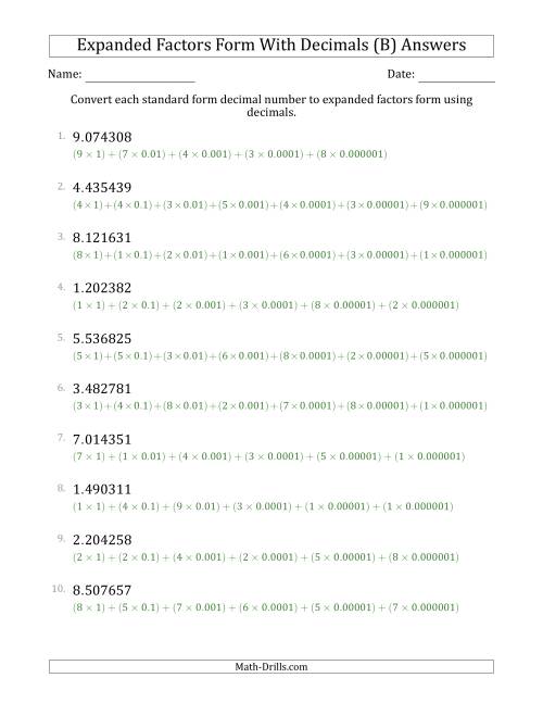 The Converting Standard Form Decimals to Expanded Factors Form Using Decimals (1-Digit Before the Decimal; 6-Digits After the Decimal) (B) Math Worksheet Page 2