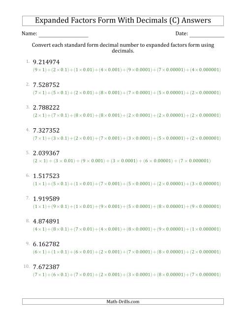 The Converting Standard Form Decimals to Expanded Factors Form Using Decimals (1-Digit Before the Decimal; 6-Digits After the Decimal) (C) Math Worksheet Page 2