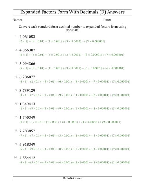 The Converting Standard Form Decimals to Expanded Factors Form Using Decimals (1-Digit Before the Decimal; 6-Digits After the Decimal) (D) Math Worksheet Page 2