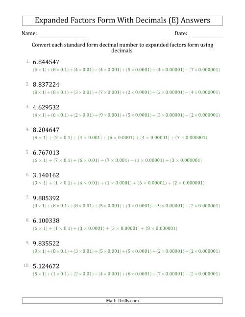 The Converting Standard Form Decimals to Expanded Factors Form Using Decimals (1-Digit Before the Decimal; 6-Digits After the Decimal) (E) Math Worksheet Page 2