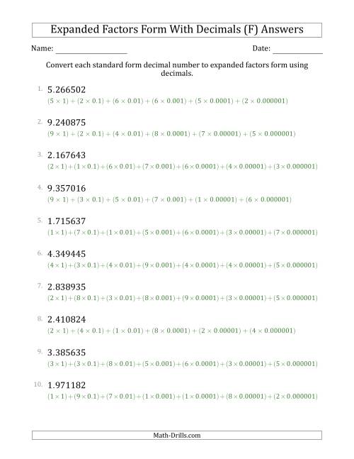 The Converting Standard Form Decimals to Expanded Factors Form Using Decimals (1-Digit Before the Decimal; 6-Digits After the Decimal) (F) Math Worksheet Page 2