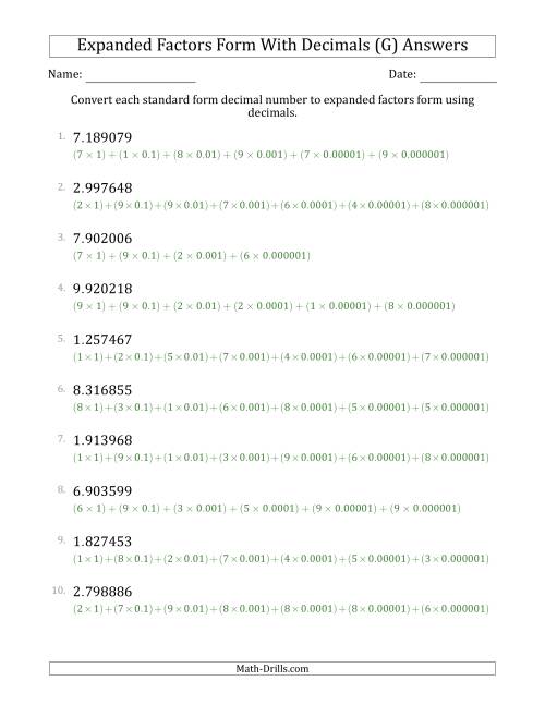 The Converting Standard Form Decimals to Expanded Factors Form Using Decimals (1-Digit Before the Decimal; 6-Digits After the Decimal) (G) Math Worksheet Page 2
