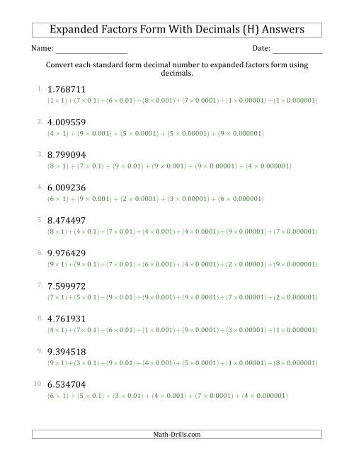 The Converting Standard Form Decimals to Expanded Factors Form Using Decimals (1-Digit Before the Decimal; 6-Digits After the Decimal) (H) Math Worksheet Page 2