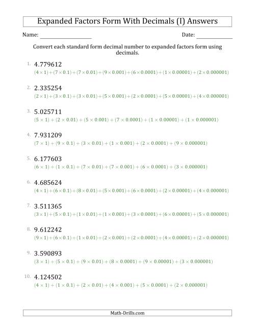 The Converting Standard Form Decimals to Expanded Factors Form Using Decimals (1-Digit Before the Decimal; 6-Digits After the Decimal) (I) Math Worksheet Page 2