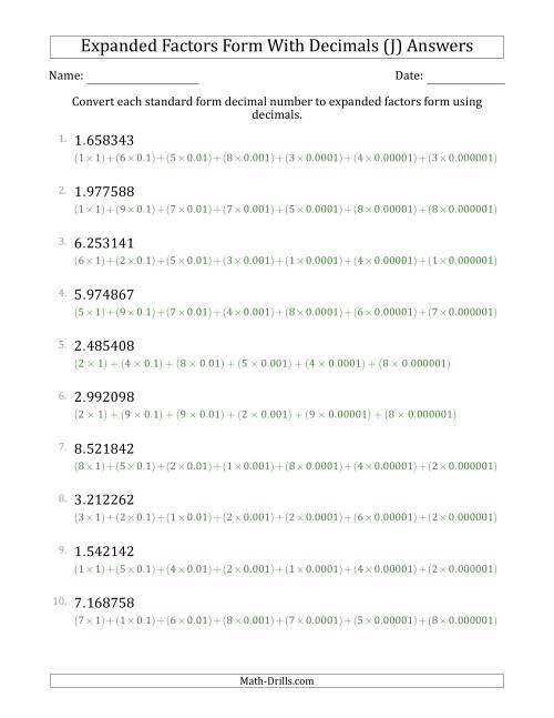 The Converting Standard Form Decimals to Expanded Factors Form Using Decimals (1-Digit Before the Decimal; 6-Digits After the Decimal) (J) Math Worksheet Page 2