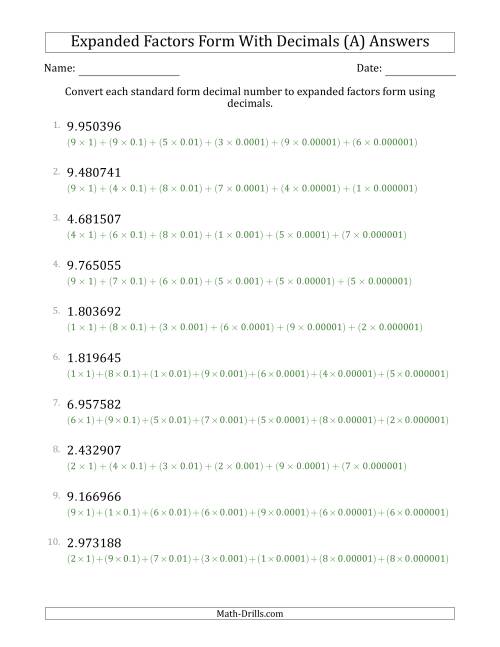 The Converting Standard Form Decimals to Expanded Factors Form Using Decimals (1-Digit Before the Decimal; 6-Digits After the Decimal) (All) Math Worksheet Page 2