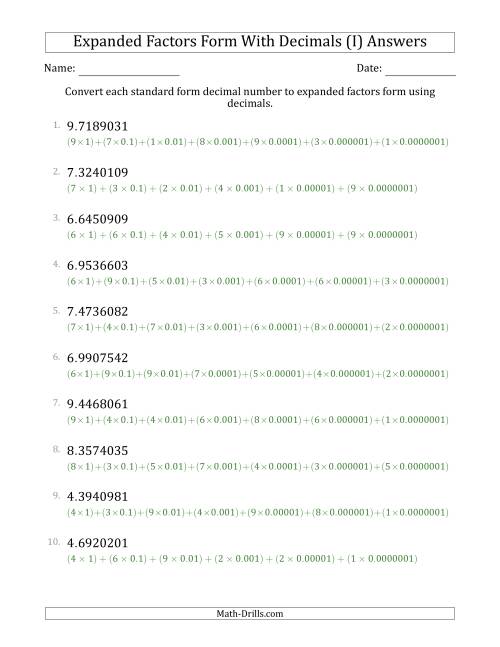 The Converting Standard Form Decimals to Expanded Factors Form Using Decimals (1-Digit Before the Decimal; 7-Digits After the Decimal) (I) Math Worksheet Page 2