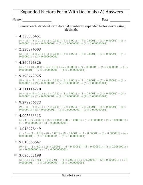 The Converting Standard Form Decimals to Expanded Factors Form Using Decimals (1-Digit Before the Decimal; 9-Digits After the Decimal) (A) Math Worksheet Page 2
