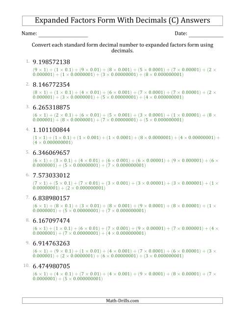 The Converting Standard Form Decimals to Expanded Factors Form Using Decimals (1-Digit Before the Decimal; 9-Digits After the Decimal) (C) Math Worksheet Page 2