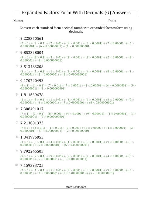 The Converting Standard Form Decimals to Expanded Factors Form Using Decimals (1-Digit Before the Decimal; 9-Digits After the Decimal) (G) Math Worksheet Page 2