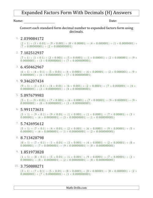 The Converting Standard Form Decimals to Expanded Factors Form Using Decimals (1-Digit Before the Decimal; 9-Digits After the Decimal) (H) Math Worksheet Page 2