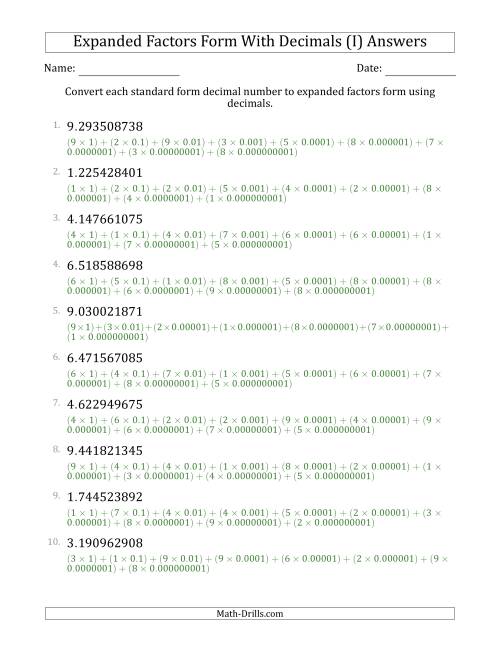 The Converting Standard Form Decimals to Expanded Factors Form Using Decimals (1-Digit Before the Decimal; 9-Digits After the Decimal) (I) Math Worksheet Page 2