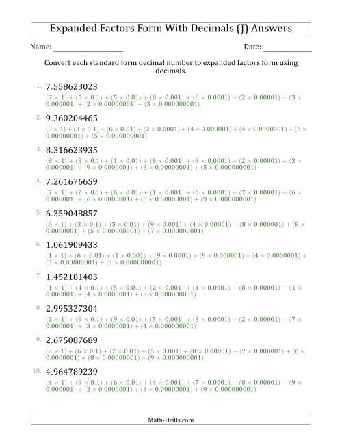 The Converting Standard Form Decimals to Expanded Factors Form Using Decimals (1-Digit Before the Decimal; 9-Digits After the Decimal) (J) Math Worksheet Page 2