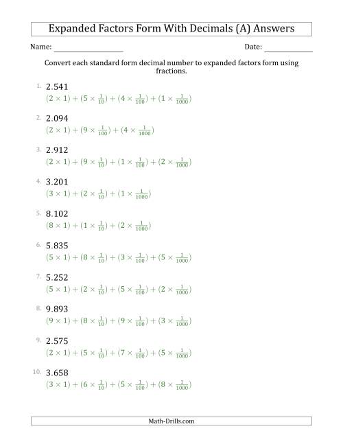 The Converting Standard Form Decimals to Expanded Factors Form Using Fractions (1-Digit Before the Decimal; 3-Digits After the Decimal) (A) Math Worksheet Page 2