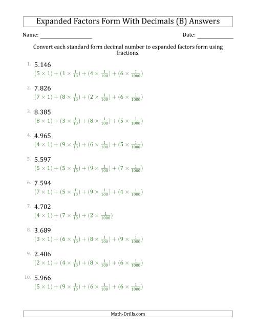 The Converting Standard Form Decimals to Expanded Factors Form Using Fractions (1-Digit Before the Decimal; 3-Digits After the Decimal) (B) Math Worksheet Page 2