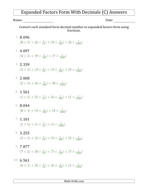 The Converting Standard Form Decimals to Expanded Factors Form Using Fractions (1-Digit Before the Decimal; 3-Digits After the Decimal) (C) Math Worksheet Page 2