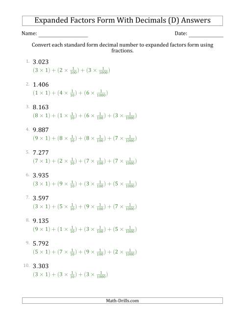 The Converting Standard Form Decimals to Expanded Factors Form Using Fractions (1-Digit Before the Decimal; 3-Digits After the Decimal) (D) Math Worksheet Page 2