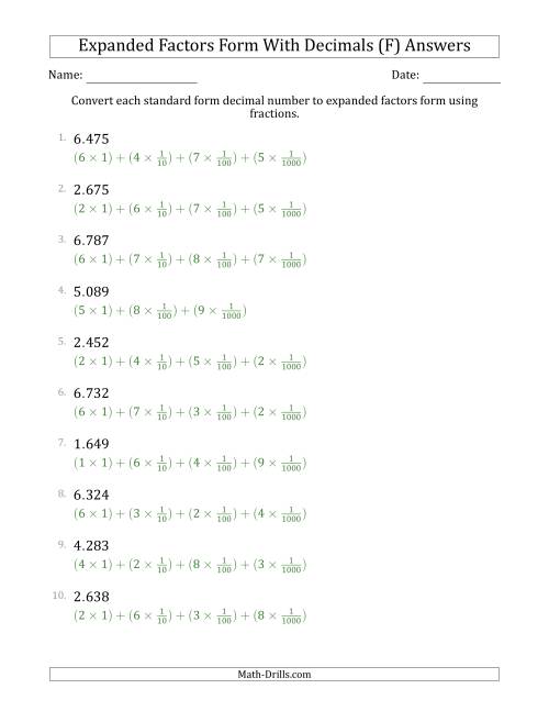 The Converting Standard Form Decimals to Expanded Factors Form Using Fractions (1-Digit Before the Decimal; 3-Digits After the Decimal) (F) Math Worksheet Page 2