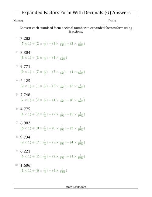 The Converting Standard Form Decimals to Expanded Factors Form Using Fractions (1-Digit Before the Decimal; 3-Digits After the Decimal) (G) Math Worksheet Page 2