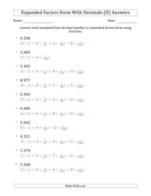 The Converting Standard Form Decimals to Expanded Factors Form Using Fractions (1-Digit Before the Decimal; 3-Digits After the Decimal) (H) Math Worksheet Page 2