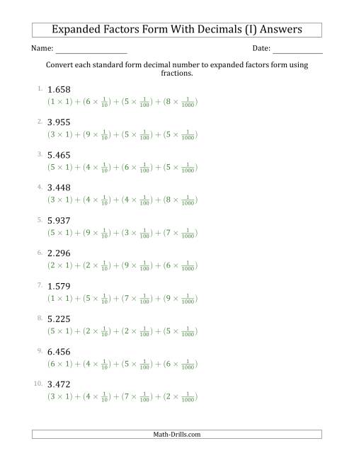 The Converting Standard Form Decimals to Expanded Factors Form Using Fractions (1-Digit Before the Decimal; 3-Digits After the Decimal) (I) Math Worksheet Page 2