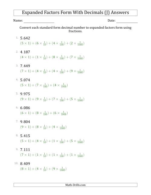 The Converting Standard Form Decimals to Expanded Factors Form Using Fractions (1-Digit Before the Decimal; 3-Digits After the Decimal) (J) Math Worksheet Page 2