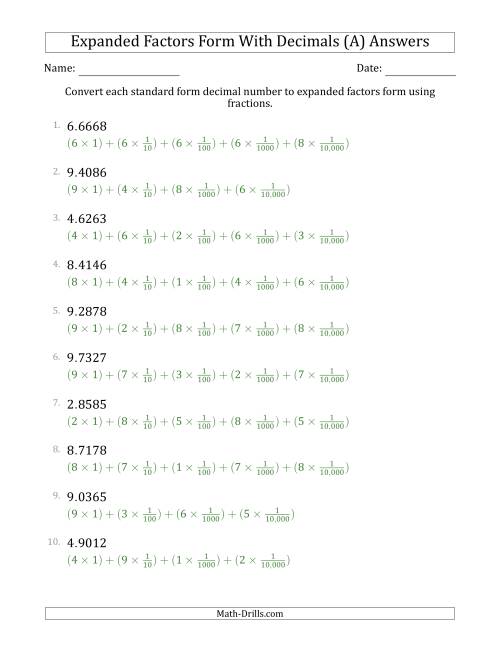 The Converting Standard Form Decimals to Expanded Factors Form Using Fractions (1-Digit Before the Decimal; 4-Digits After the Decimal) (A) Math Worksheet Page 2