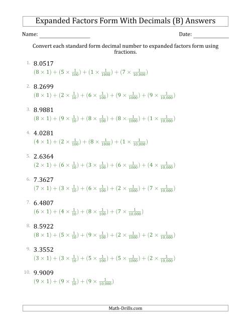 The Converting Standard Form Decimals to Expanded Factors Form Using Fractions (1-Digit Before the Decimal; 4-Digits After the Decimal) (B) Math Worksheet Page 2