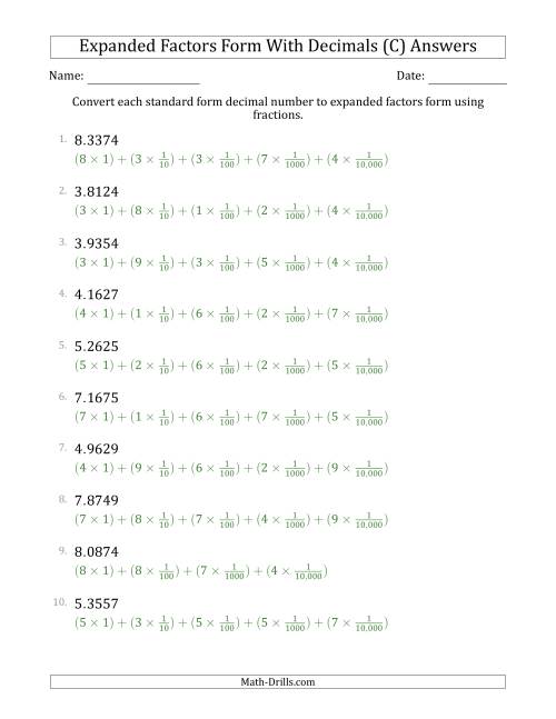 The Converting Standard Form Decimals to Expanded Factors Form Using Fractions (1-Digit Before the Decimal; 4-Digits After the Decimal) (C) Math Worksheet Page 2