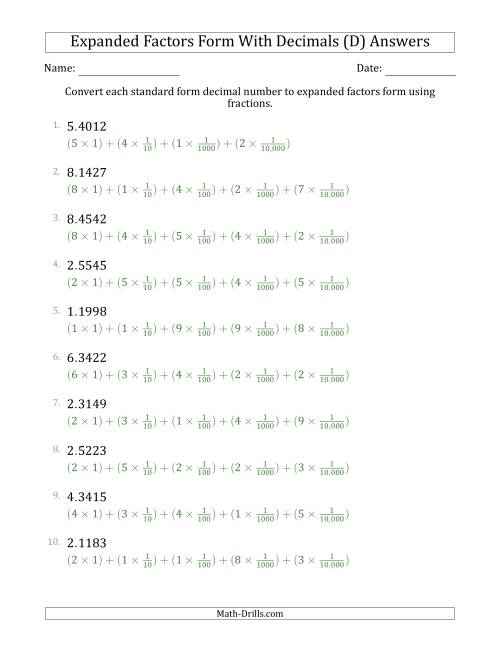 The Converting Standard Form Decimals to Expanded Factors Form Using Fractions (1-Digit Before the Decimal; 4-Digits After the Decimal) (D) Math Worksheet Page 2